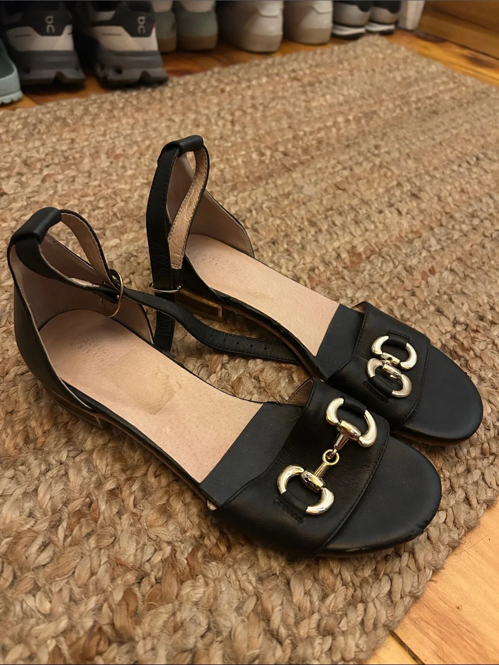 Patricia Green Black Leather Sandals with Gold Horsebit Accent